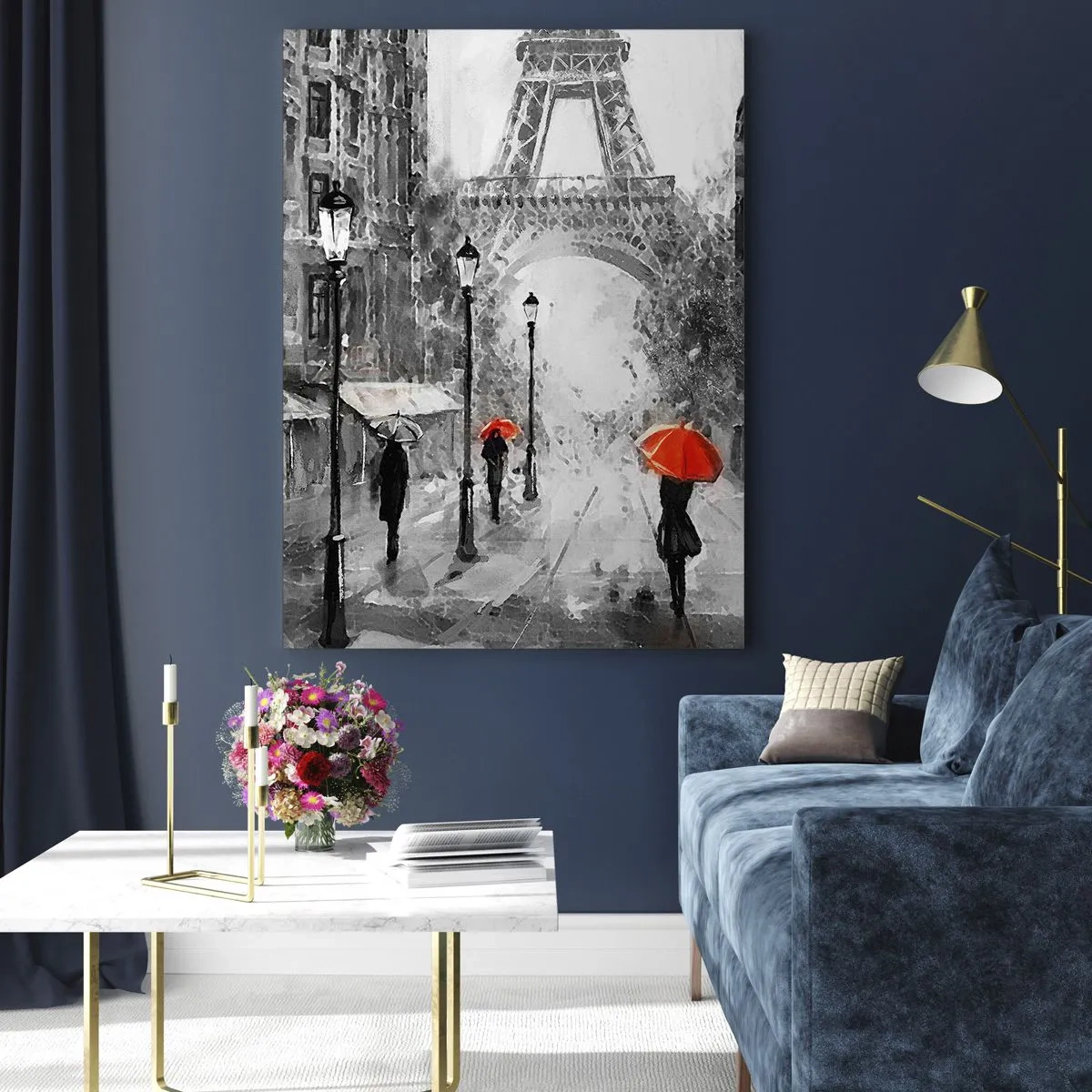 Cuadro sobre vidrio - Impresiones sobre Vidrio - La Torre Eiffel en un paisaje monocromático con acentos rojos. - 50x70cm - Todos los caminos conducen a ella - Decoración de pared moderna para salón y dormitorio ARTTOR