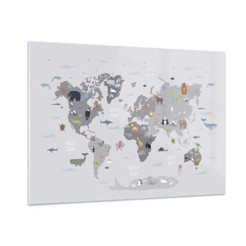 Cuadro sobre vidrio - Impresiones sobre Vidrio - Mapa del mundo ilustrado con animales característicos - 100x70cm - Dime de dónde eres... - Decoración de pared moderna para salón y dormitorio ARTTOR