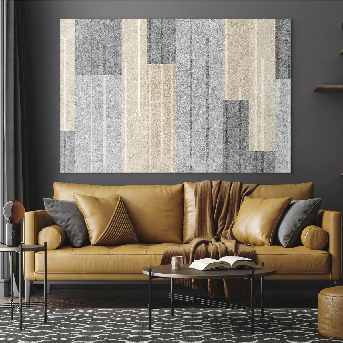 Cuadro sobre vidrio - Impresiones sobre Vidrio - Rayas geométricas en tonos grises y beige - 70x50cm - Composición: sostener la vertical - Decoración de pared moderna para salón y dormitorio ARTTOR