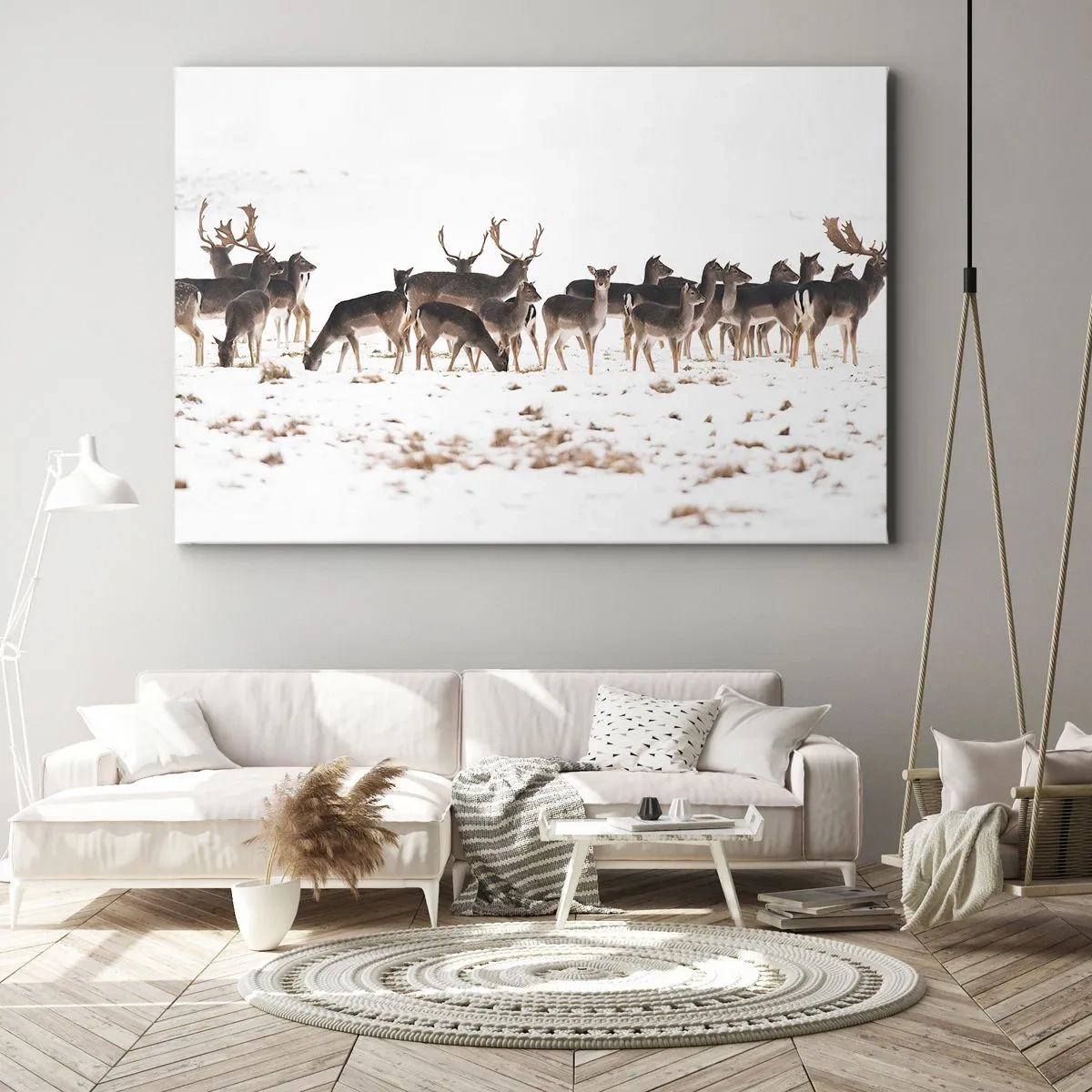 Cuadro sobre lienzo - Impresión de Imagen - Una manada de ciervos sobre un fondo nevado. - 70x50cm - ¿Se acerca la Navidad? - Decoración de pared moderna para salón y dormitorio ARTTOR