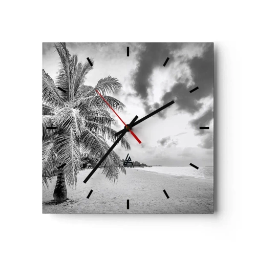 Reloj de pared - Reloj de vidrio - Palmera en blanco y negro en una playa vacía con nubes - 30x30cm - Anhelo de soledad.... - Decoración de pared moderna para salón y dormitorio ARTTOR