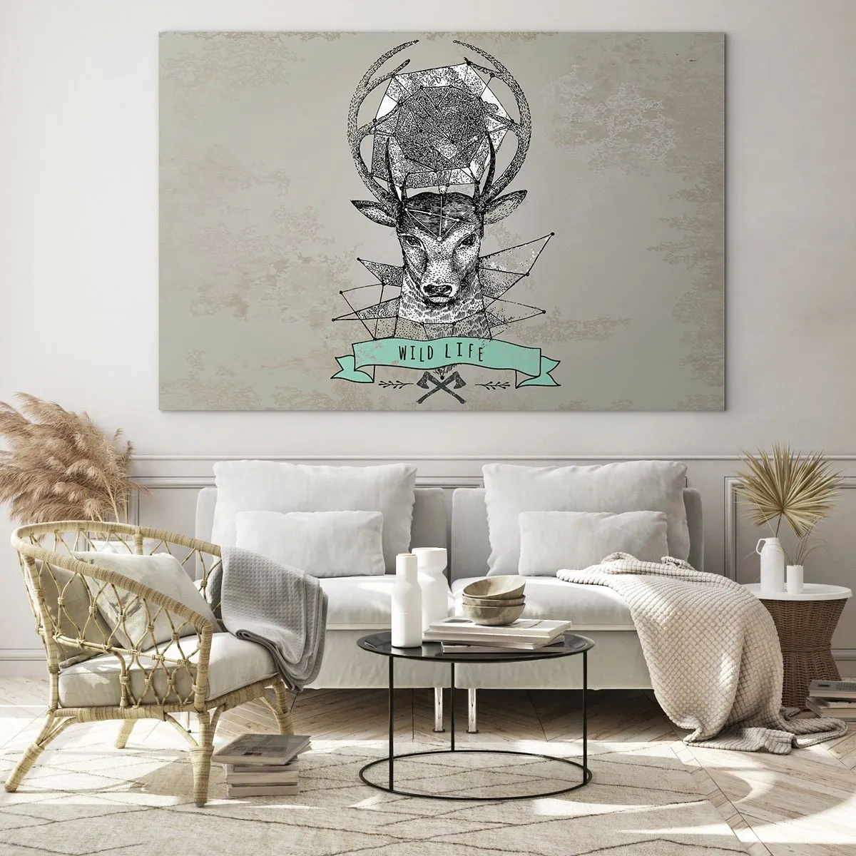 Cuadro sobre vidrio - Impresiones sobre Vidrio - Dibujo geométrico de un ciervo con la inscripción Vida Silvestre - 120x80cm - Visión de San Huberto - Decoración de pared moderna para salón y dormitorio ARTTOR