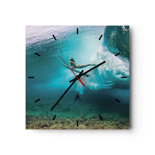 Reloj de pared - Reloj de vidrio - Surfista bajo una ola en el agua azul del océano - 30x30cm - Mundo submarino - Decoración de pared moderna para salón y dormitorio ARTTOR