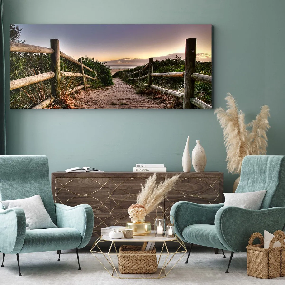 Cuadro sobre lienzo - Impresión de Imagen - Camino de madera en las dunas que conduce a la playa al atardecer - 120x50cm - Objetivo a la vista - Decoración de pared moderna para salón y dormitorio ARTTOR