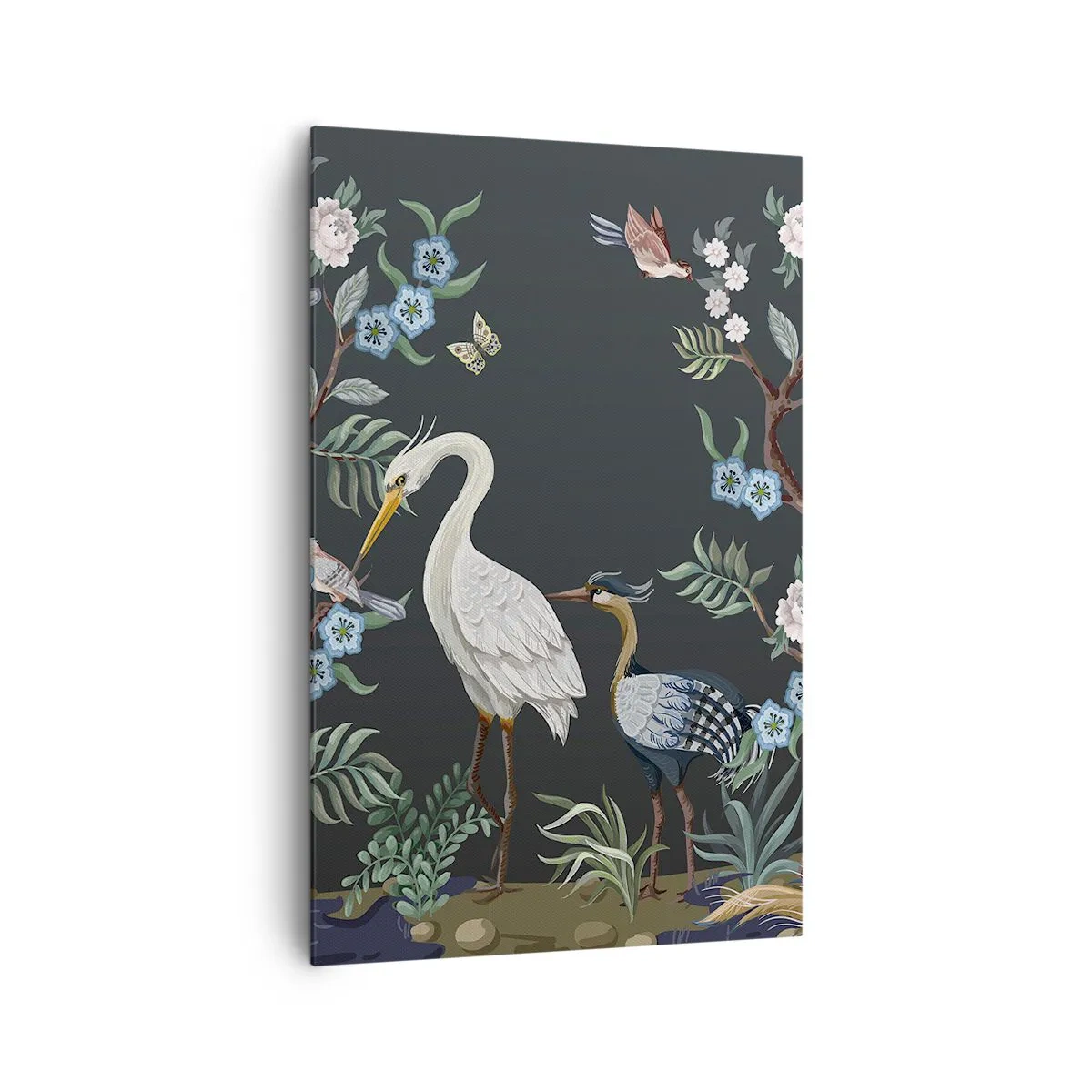 Cuadro sobre lienzo - Impresión de Imagen - Pájaros y plantas pintados sobre un fondo oscuro con un patrón elegante. - 80x120cm - Desfile de aves - Decoración de pared moderna para salón y dormitorio ARTTOR
