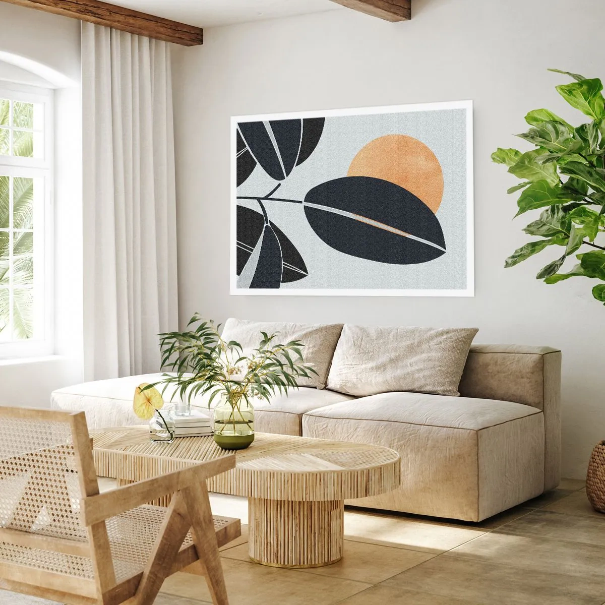 Póster - Un motivo de hojas minimalista con un sol brillante en el fondo. - 100x70cm - Un día de verano caluroso - Decoración de pared moderna para salón y dormitorio ARTTOR