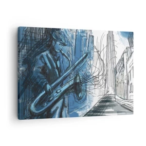 Cuadro sobre lienzo - Impresión de Imagen - Una figura tocando el saxofón con una ciudad como telón de fondo. - 70x50cm - Rapsodia urbana - Decoración de pared moderna para salón y dormitorio ARTTOR