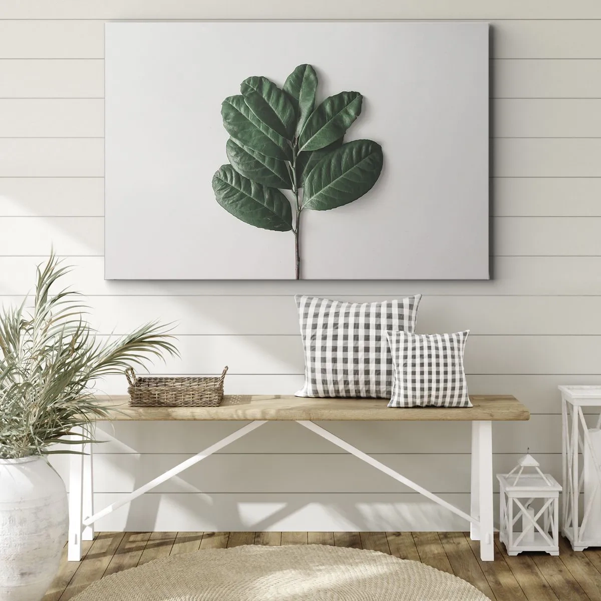 Cuadro sobre lienzo - Impresión de Imagen - Una ramita de hojas verdes sobre un fondo claro. - 100x70cm - El dibujo de la propia naturaleza - Decoración de pared moderna para salón y dormitorio ARTTOR