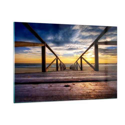 Cuadro sobre vidrio - Impresiones sobre Vidrio - Muelle que conduce a la playa al atardecer - 120x80cm - Directamente hacia una playa tranquila al atardecer - Decoración de pared moderna para salón y dormitorio ARTTOR