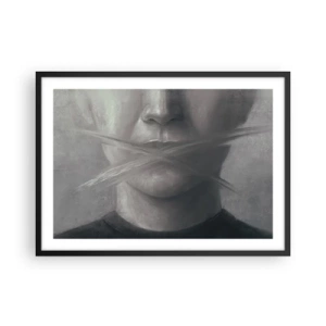 Póster en marco negro - Un retrato simbólico con labios difuminados en tonos grises. - 70x50cm - Ni una palabra - Decoración de pared moderna para salón y dormitorio ARTTOR