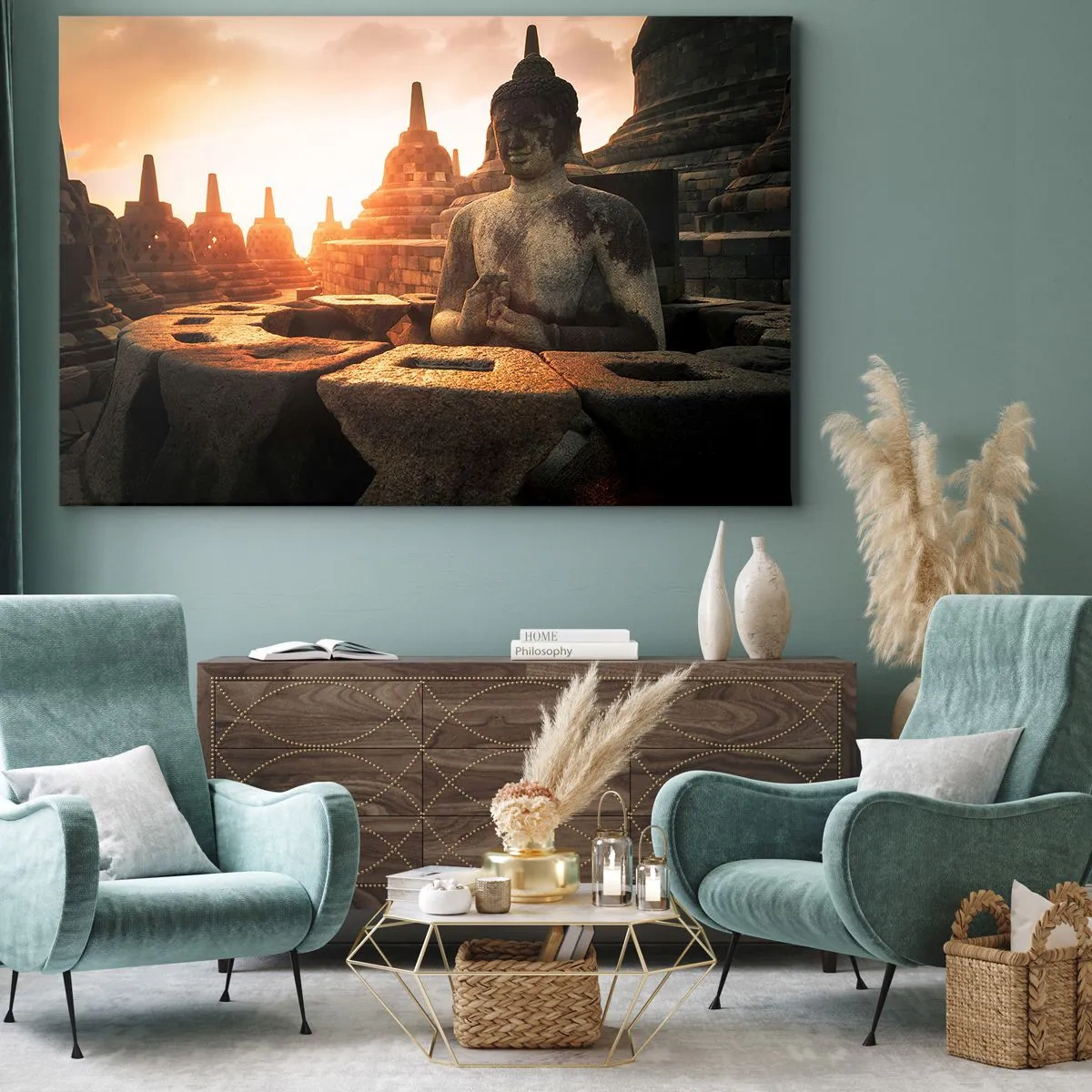 Cuadro sobre lienzo - Impresión de Imagen - Estatua de Buda en el templo de Borobudur al atardecer - 120x80cm - Tiempo de gran sabiduría - Decoración de pared moderna para salón y dormitorio ARTTOR