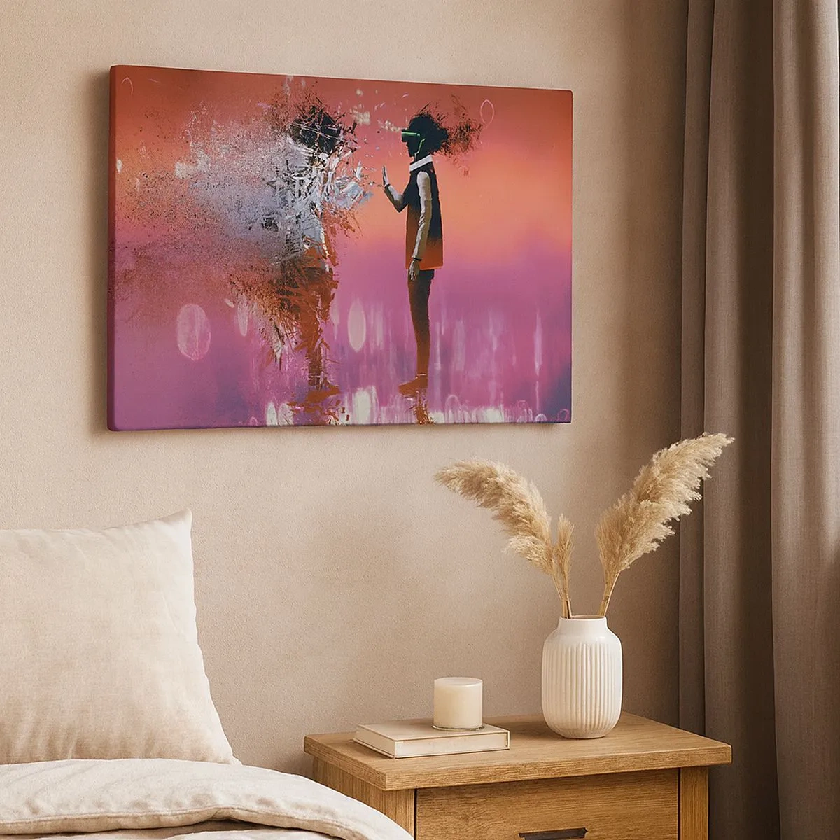 Cuadro sobre lienzo - Impresión de Imagen - Una escena abstracta con una figura futurista y elementos dispersos. - 70x50cm - ¿Es posible mirar dentro de uno mismo? - Decoración de pared moderna para salón y dormitorio ARTTOR