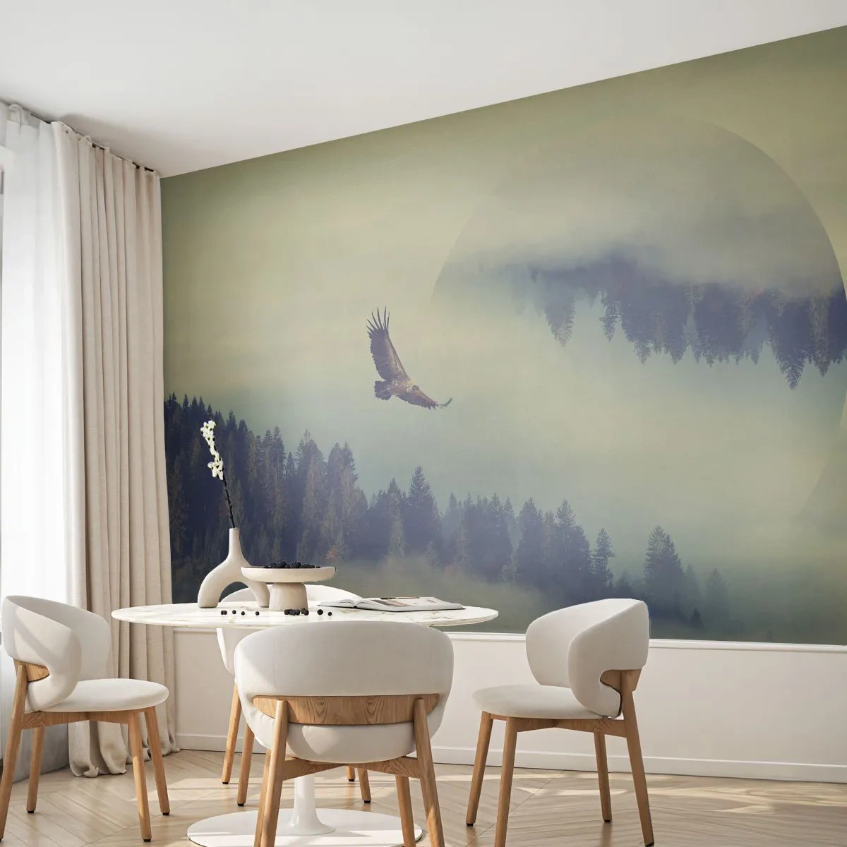 Fotomural Premium Sand - Un águila volando sobre un bosque brumoso - 100x70cm - Vi la sombra de un águila - Decoración de pared moderna para salón y dormitorio ARTTOR