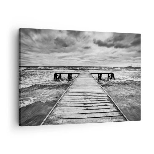 Cuadro sobre lienzo - Impresión de Imagen - Una vista en blanco y negro de un embarcadero de madera sobre un mar tempestuoso. - 70x50cm - Estoy esperando que sople el viento... - Decoración de pared moderna para salón y dormitorio ARTTOR