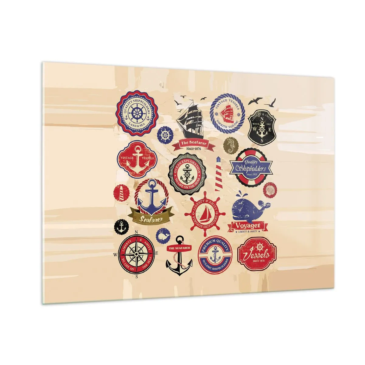 Cuadro sobre vidrio - Impresiones sobre Vidrio - Emblemas y símbolos náuticos sobre un fondo beige - 100x70cm - Una fraternidad del mar - Decoración de pared moderna para salón y dormitorio ARTTOR