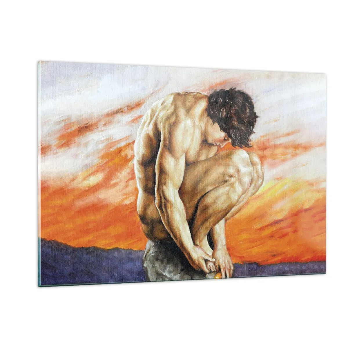 Cuadro sobre vidrio - Impresiones sobre Vidrio - Un cuerpo humano desnudo contra un cielo naranja intenso. - 120x80cm - Sumergido en sí mismo - Decoración de pared moderna para salón y dormitorio ARTTOR