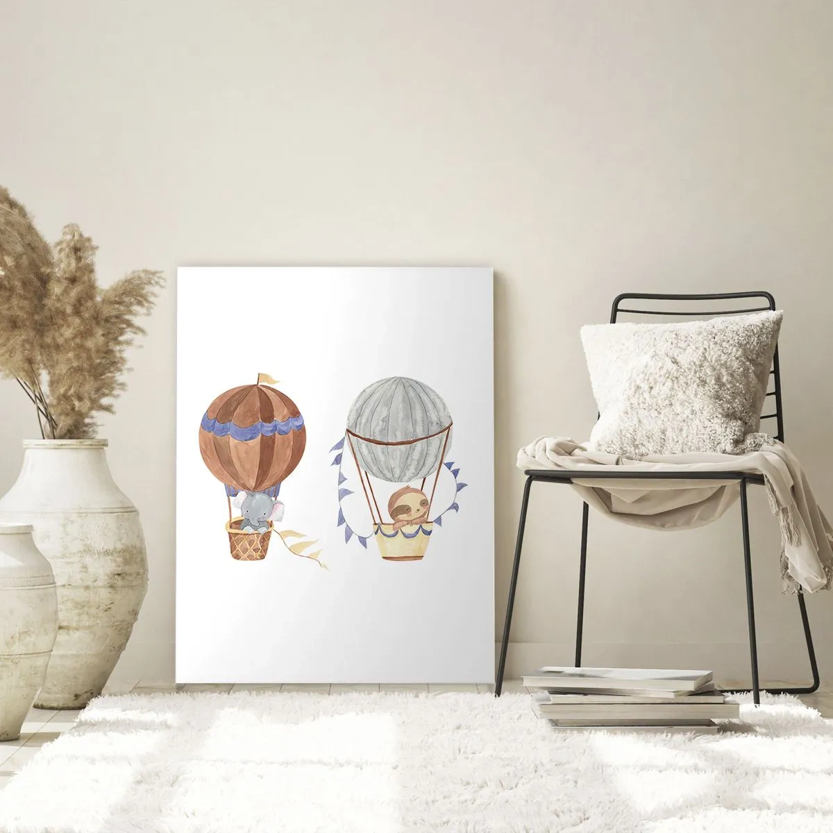 Cuadro sobre vidrio - Impresiones sobre Vidrio - Lindos animales en globos sobre un fondo blanco. - 80x120cm - Amigos de viaje - Decoración de pared moderna para salón y dormitorio ARTTOR