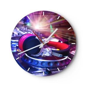 Reloj de pared - Reloj de vidrio - Auriculares y consola de DJ bajo un foco colorido - 30x30cm - Empieza la fiesta - Decoración de pared moderna para salón, cocina y dormitorio ARTTOR