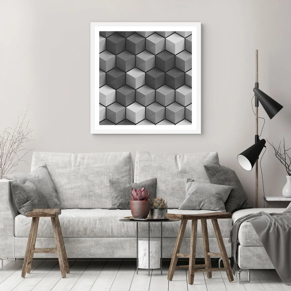 Póster en marco blanco - Rompecabezas cubista - 60x60 cm