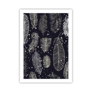 Póster - Plumas blancas sobre un fondo negro en un elegante arreglo. - 50x70cm - Encaje de plumas - Decoración de pared moderna para salón y dormitorio ARTTOR