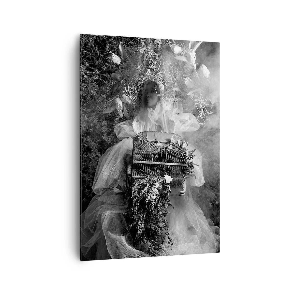 Cuadro sobre lienzo - Impresión de Imagen - Una composición en blanco y negro con una figura con un vestido y una jaula en la niebla. - 70x100cm - La madre misma - La naturaleza - Decoración de pared moderna para salón y dormitorio ARTTOR