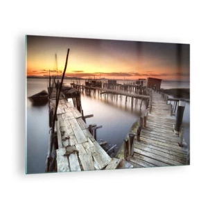 Cuadro sobre vidrio - Impresiones sobre Vidrio - Muelles de madera al atardecer sobre un lago tranquilo - 70x50cm - Auténtico, sublime - Decoración de pared moderna para salón y dormitorio ARTTOR