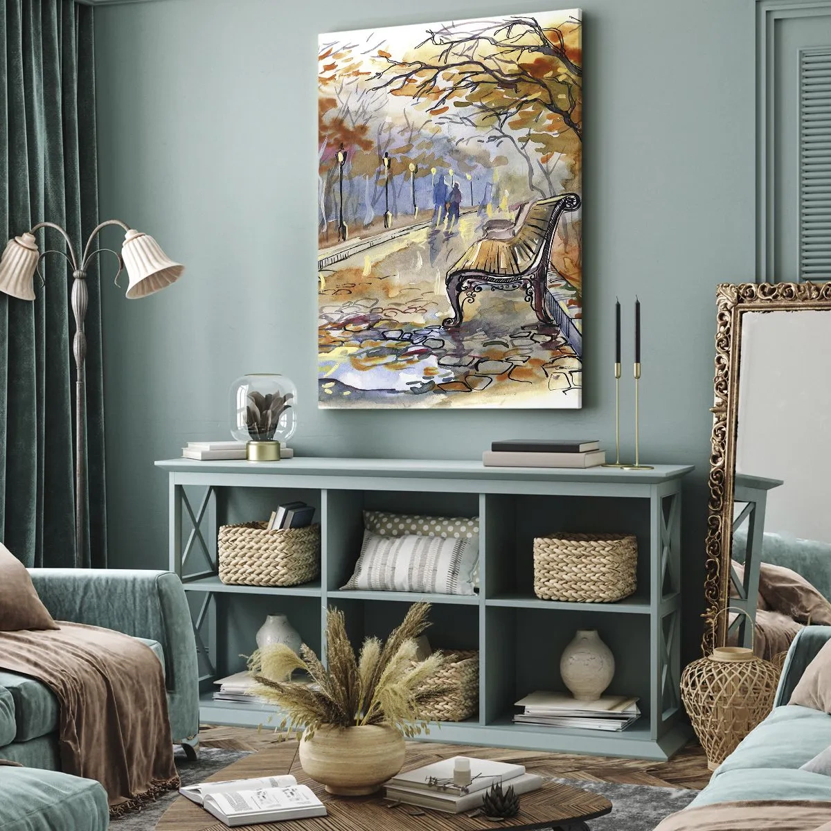 Cuadro sobre lienzo - Impresión de Imagen - Un parque otoñal con un banco en acuarela. - 70x100cm - Caminemos juntos hacia el otoño - Decoración de pared moderna para salón y dormitorio ARTTOR