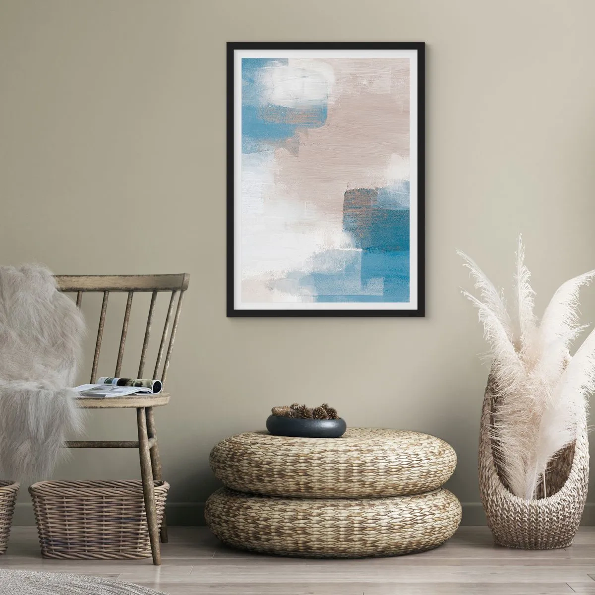 Póster en marco negro - Composición abstracta en tonos azules y beige. - 50x70cm - Abstracción rosa tras un velo azul - Decoración de pared moderna para salón y dormitorio ARTTOR