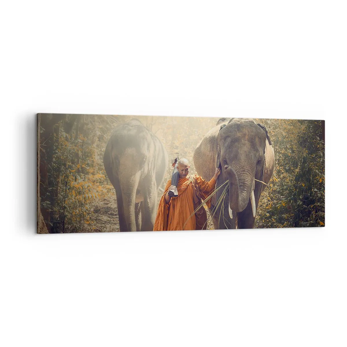 Cuadro sobre lienzo - Impresión de Imagen - Un monje con una túnica naranja guía un elefante en el bosque. - 140x50cm - Comprensión total - Decoración de pared moderna para salón y dormitorio ARTTOR