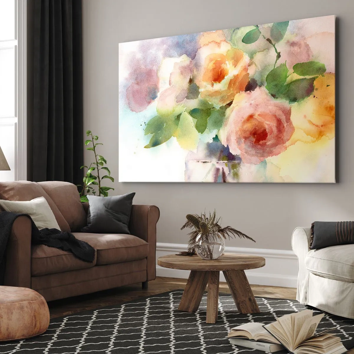 Cuadro sobre lienzo - Impresión de Imagen - Delicadas rosas estilo acuarela sobre un fondo claro. - 100x70cm - Delicado como una acuarela - Decoración de pared moderna para salón y dormitorio ARTTOR