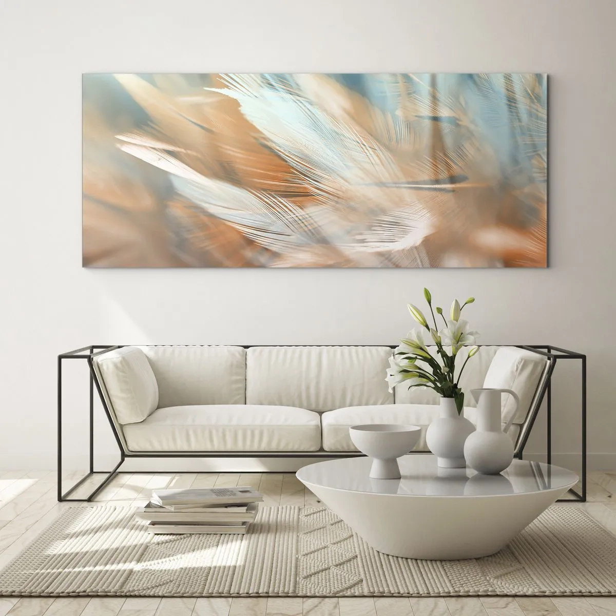 Cuadro sobre vidrio - Impresiones sobre Vidrio - Delicadas plumas en tonos pastel de azul y naranja. - 140x50cm - En la tierra de la suavidad - Decoración de pared moderna para salón y dormitorio ARTTOR