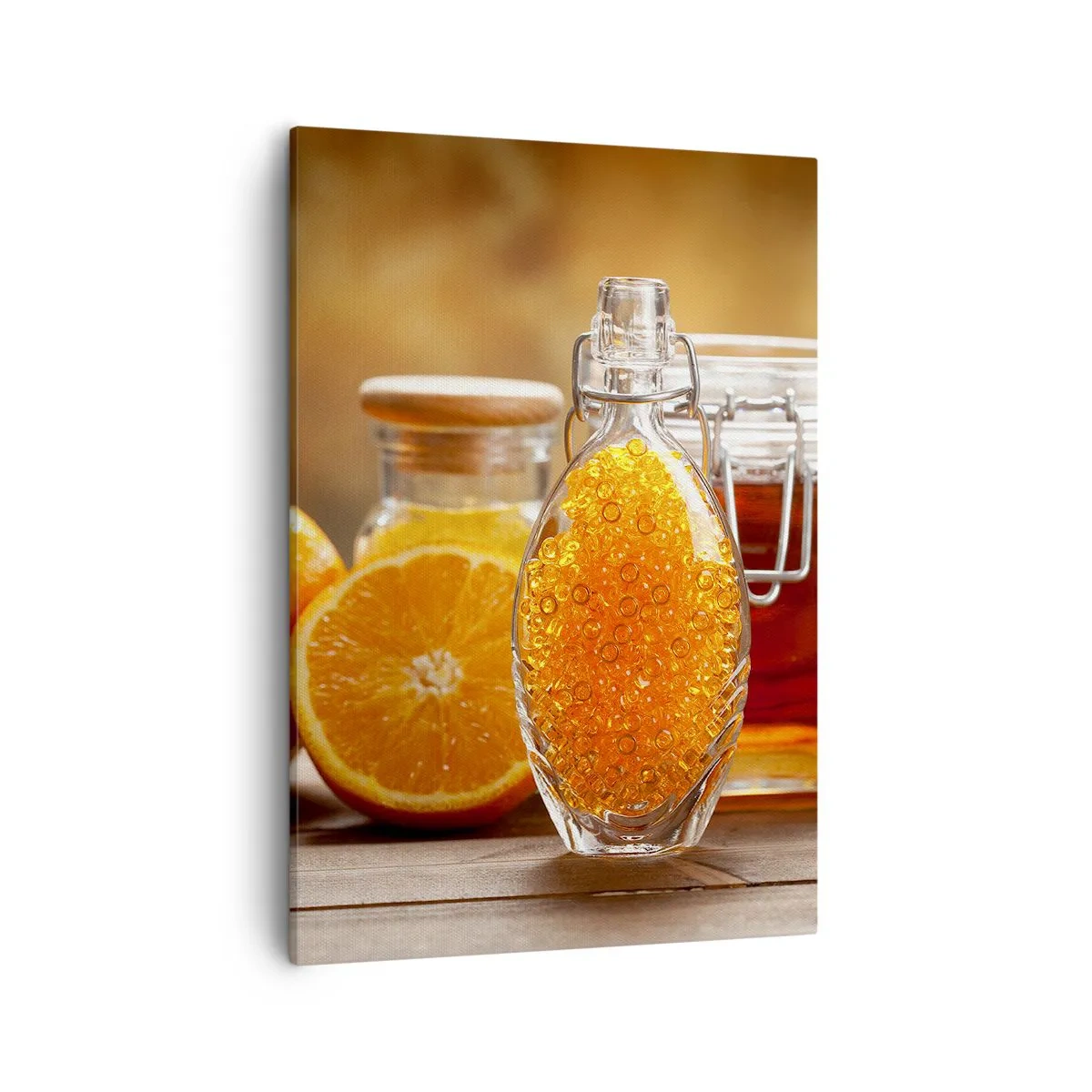Cuadro sobre lienzo - Impresión de Imagen - Una botella de líquido ámbar y naranjas frescas. - 50x70cm - Sabores y aromas soleados - Decoración de pared moderna para salón y dormitorio ARTTOR