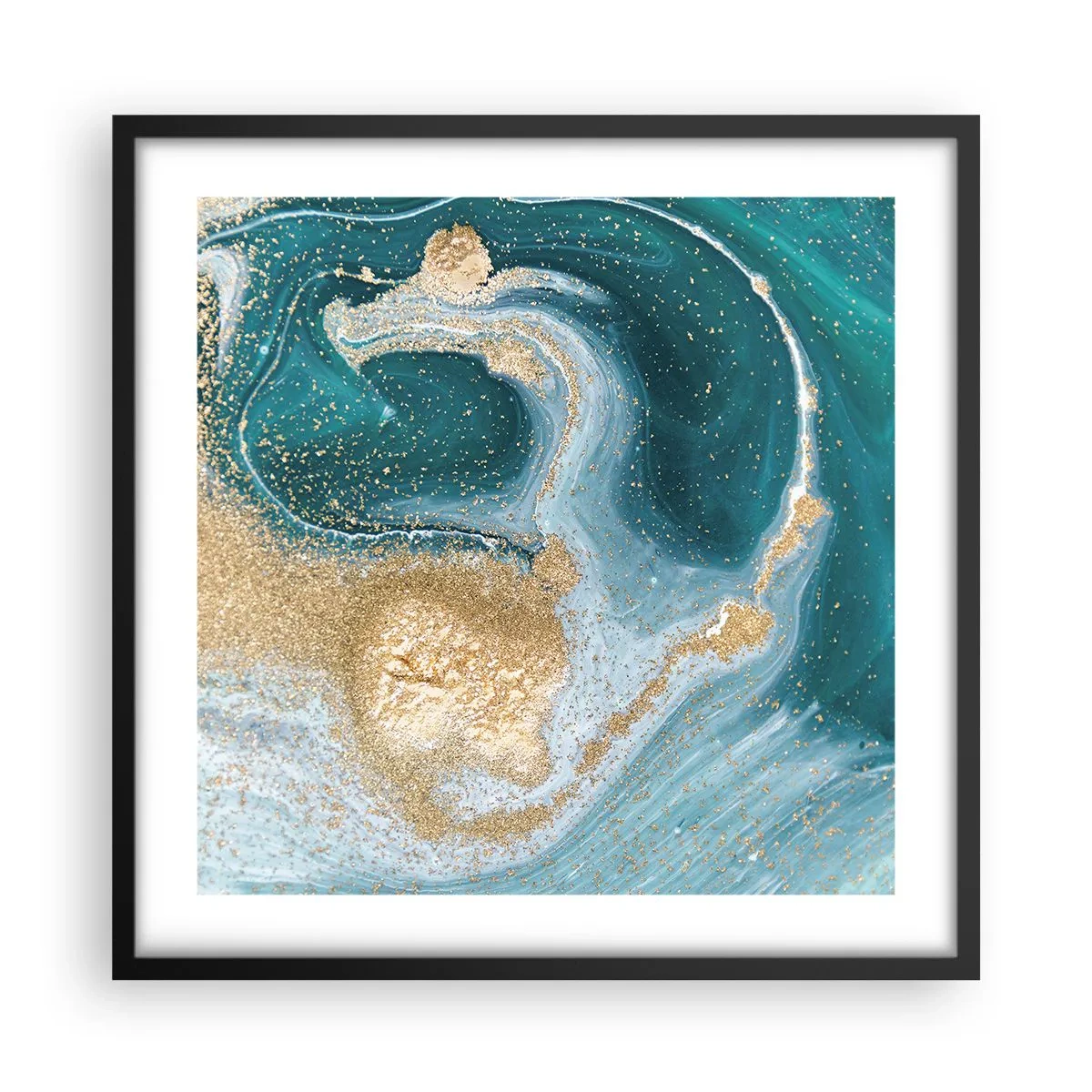 Póster en marco negro - Un remolino de oro y turquesa - 50x50 cm