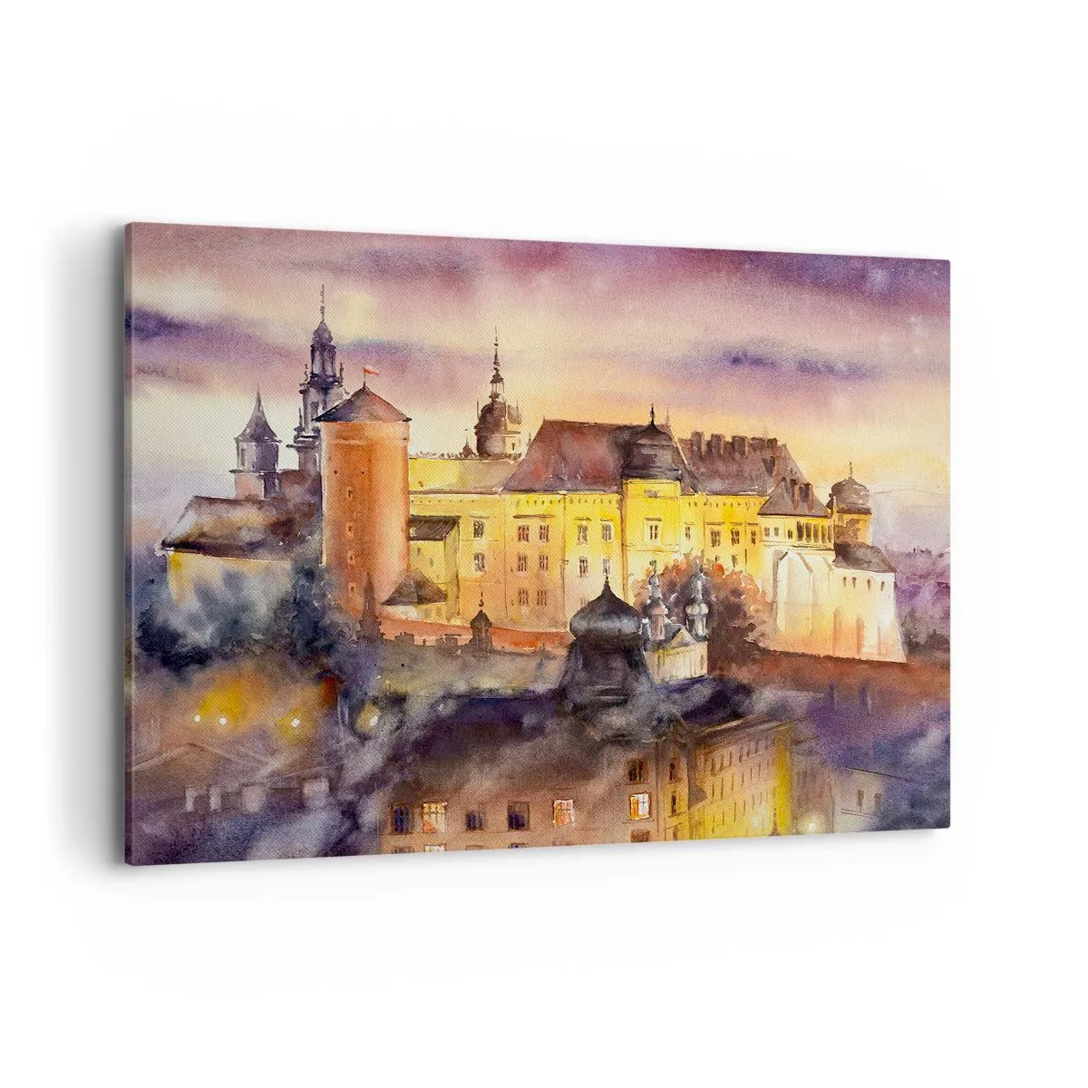 Cuadro sobre lienzo - Impresión de Imagen - Una pintoresca pintura de acuarela de un castillo al atardecer. - 120x80cm - Una historia y un cuento - Decoración de pared moderna para salón y dormitorio ARTTOR