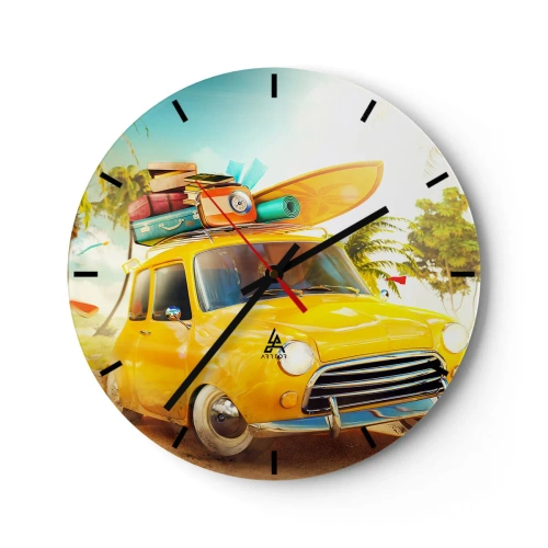 Reloj de pared - Reloj de vidrio - Un coche amarillo con equipaje y una tabla de surf. - 30x30cm - Un viaje para más de una sonrisa - Decoración de pared moderna para salón, cocina y dormitorio ARTTOR