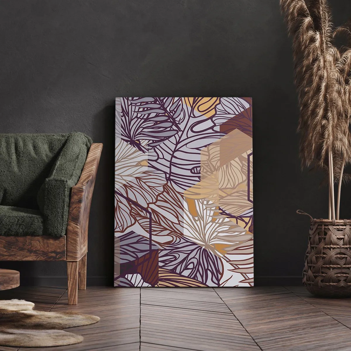 Cuadro sobre lienzo - Impresión de Imagen - Un patrón decorativo de hojas tropicales en tonos morado, naranja y beige. - 80x120cm - La unión imposible de la geometría y la naturaleza - Decoración de pared moderna para salón y dormitorio ARTTOR