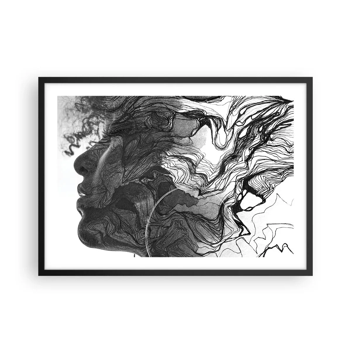 Póster en marco negro - Rostro abstracto en blanco y negro con líneas dinámicas. - 70x50cm - Enredada en sueños - Decoración de pared moderna para salón y dormitorio ARTTOR