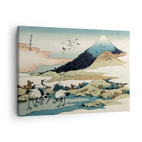 Cuadro sobre lienzo - Impresión de Imagen - Gráficos tradicionales japoneses con montañas y grúas. - 70x50cm - Alma japonesa - Decoración de pared moderna para salón y dormitorio ARTTOR
