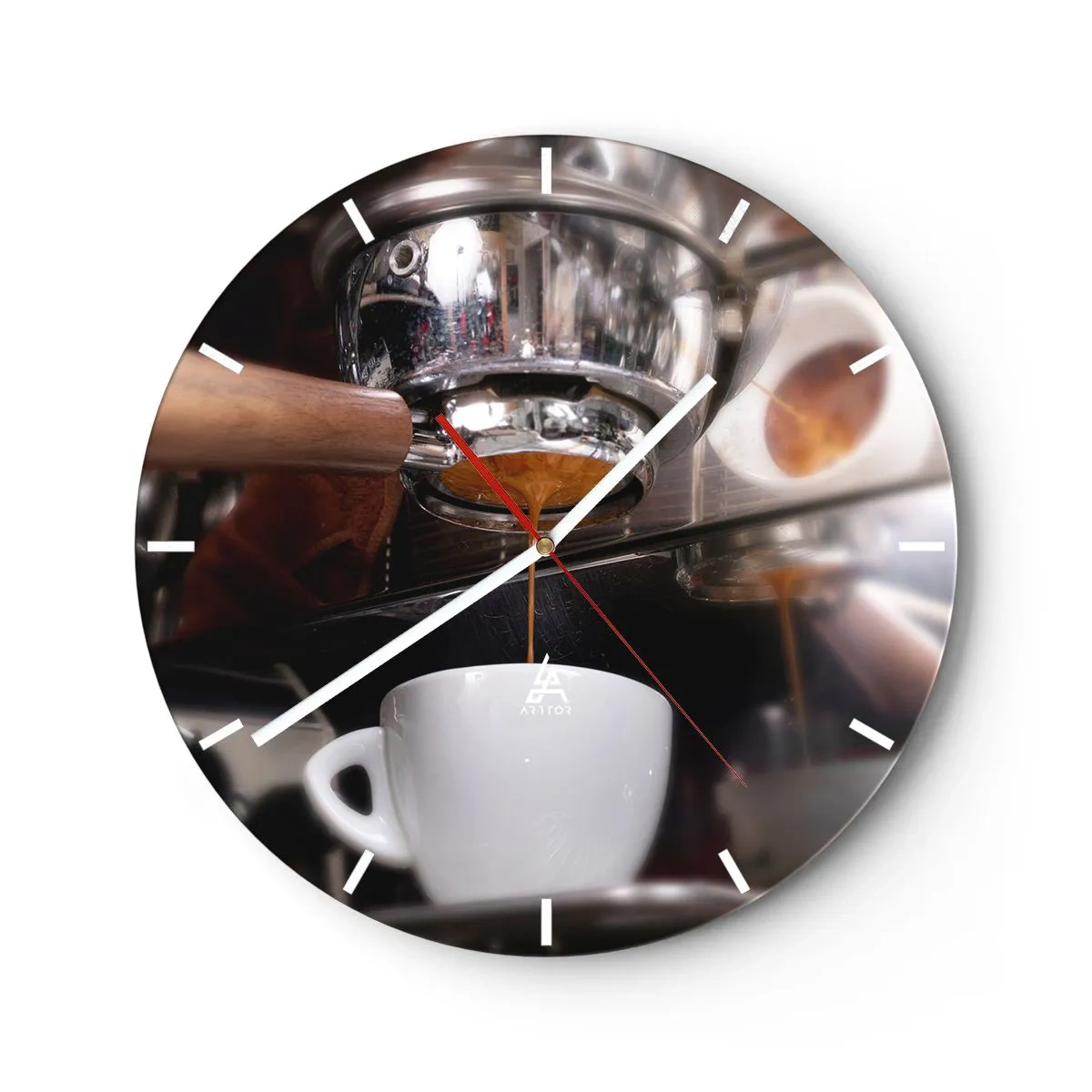 Reloj de pared - Reloj de vidrio - Primer plano de una máquina de café con una taza de espresso. - 30x30cm - El mejor momento del día - Decoración de pared moderna para salón, cocina y dormitorio ARTTOR