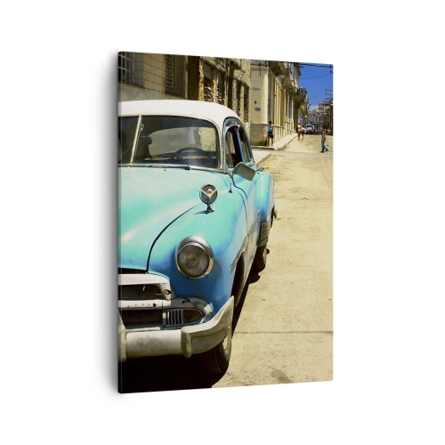 Cuadro sobre lienzo - Impresión de Imagen - Un coche clásico azul en la calle en un día soleado. - 50x70cm - ¡Viva Cuba! - Decoración de pared moderna para salón y dormitorio ARTTOR