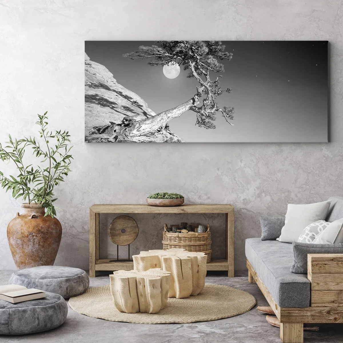 Cuadro sobre lienzo - Impresión de Imagen - Árbol en blanco y negro en un acantilado con la luna al fondo - 160x50cm - Un guerrero victorioso - Decoración de pared moderna para salón y dormitorio ARTTOR