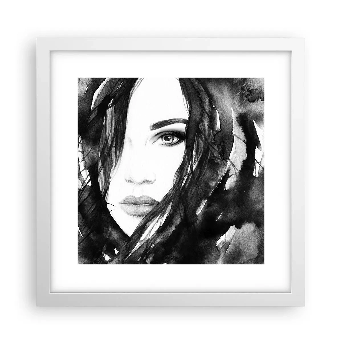 Póster en marco blanco - Retrato de una dama en blanco y negro - 30x30 cm