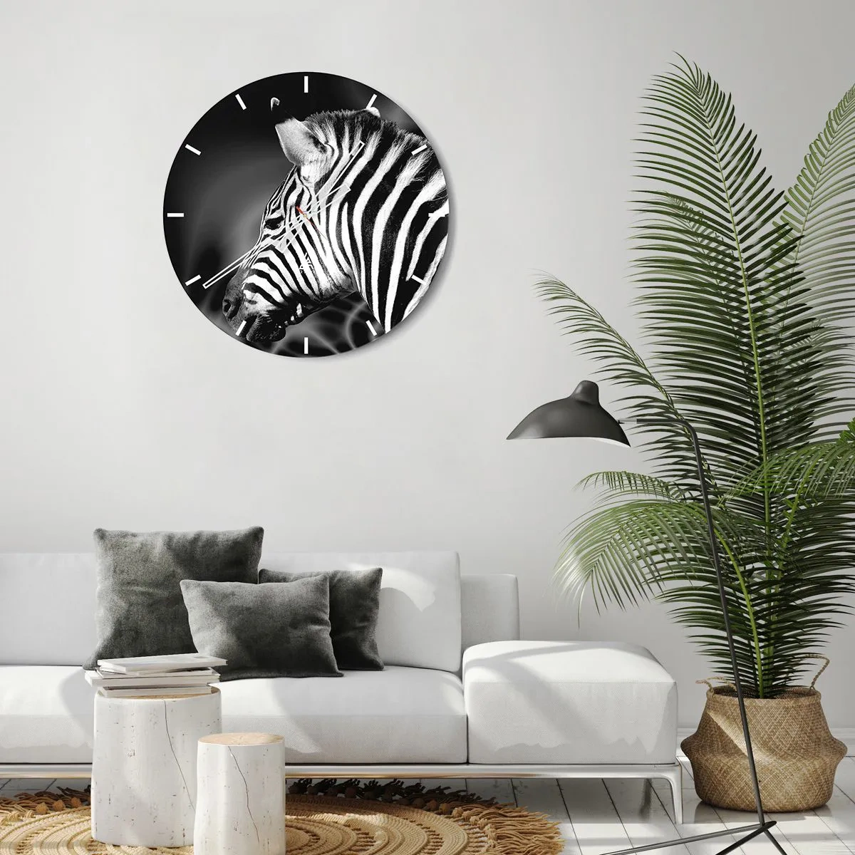 Reloj de pared - Reloj de vidrio - Primer plano en blanco y negro de una cebra sobre un fondo contrastante. - 30x30cm - El blanco es blanco, el negro es negro - Decoración de pared moderna para salón, cocina y dormitorio ARTTOR