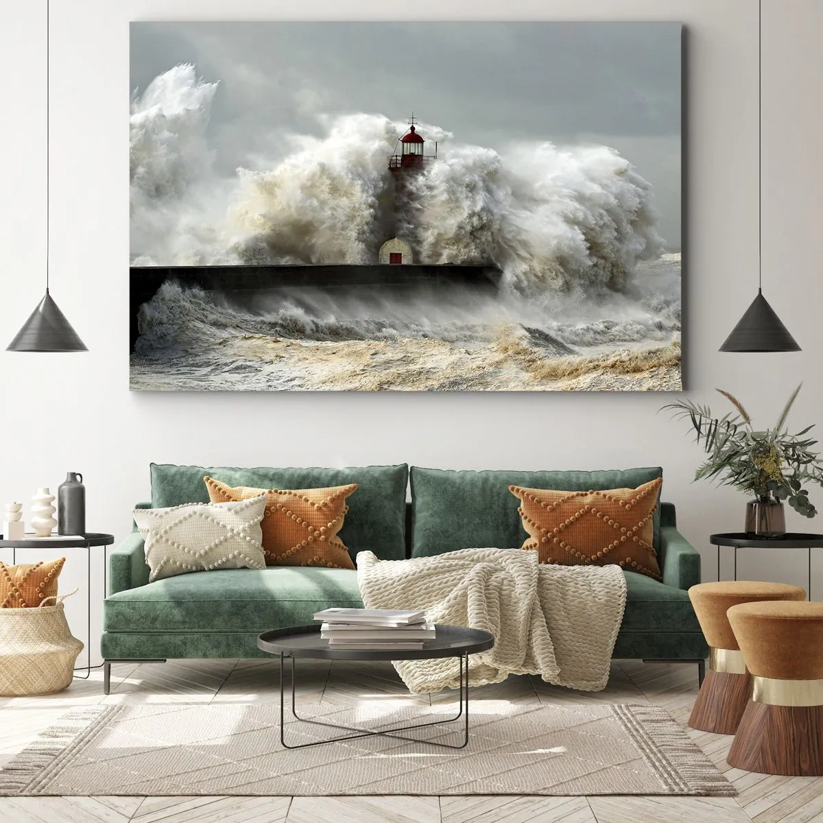 Cuadro sobre lienzo - Impresión de Imagen - Un faro rodeado de fuertes olas durante una tormenta. - 70x50cm - La furia del océano - Decoración de pared moderna para salón y dormitorio ARTTOR
