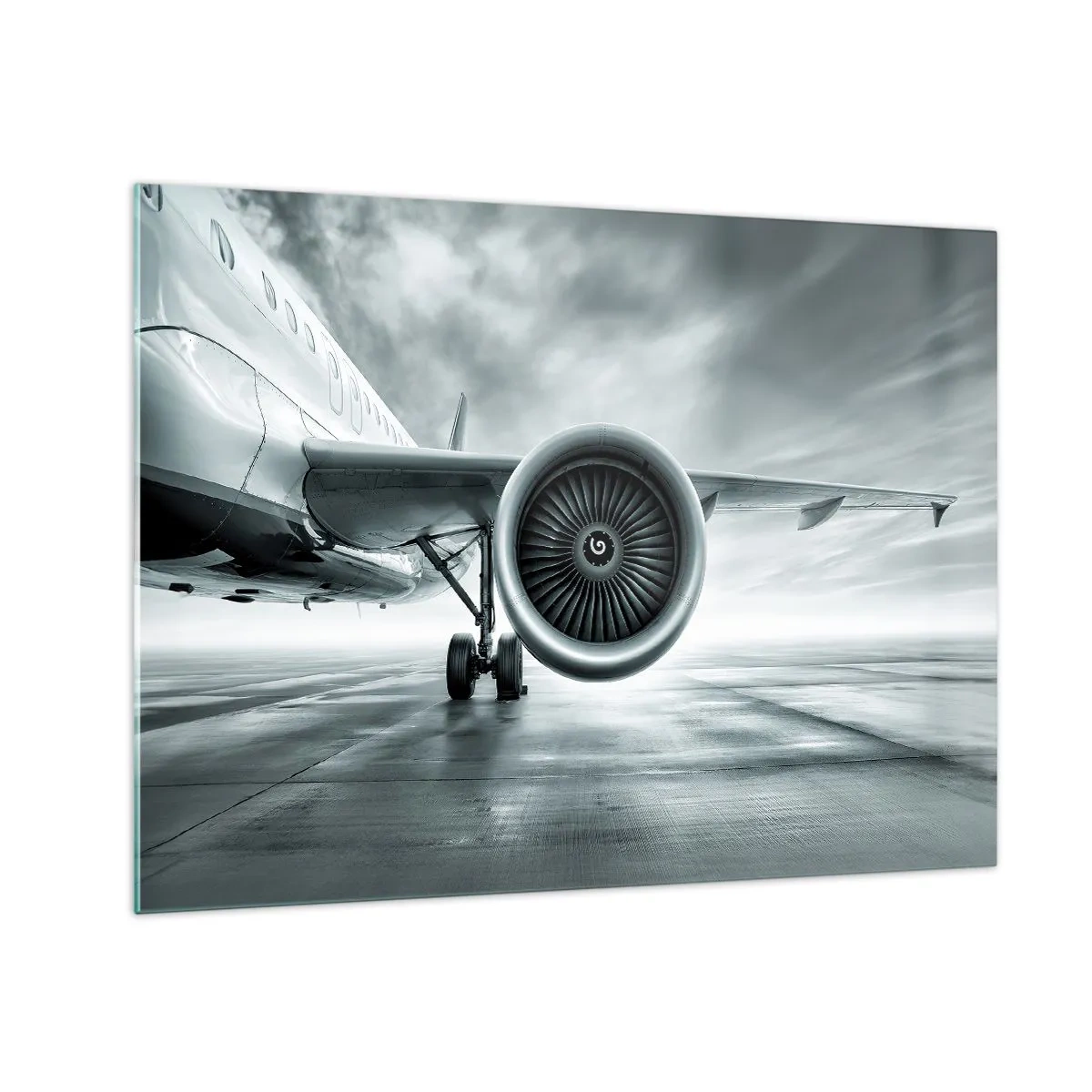 Cuadro sobre vidrio - Impresiones sobre Vidrio - La turbina de un avión de pasajeros en la pista al amanecer - 70x50cm - Hay poder - Decoración de pared moderna para salón y dormitorio ARTTOR