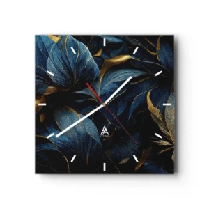 Reloj de pared - Reloj de vidrio - Hojas elegantes en tonos dorados y azul marino. - 30x30cm - Forradas de oro - Decoración de pared moderna para salón y dormitorio ARTTOR