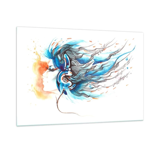 Cuadro sobre vidrio - Impresiones sobre Vidrio - Una mujer con cabello azul y auriculares, en una expresión musical. - 120x80cm - Que suene la música - Decoración de pared moderna para salón y dormitorio ARTTOR