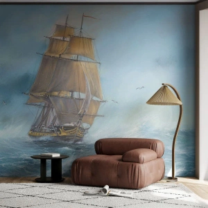 Fotomural Premium Sand - Un velero en un mar tempestuoso bajo un cielo azul. - 100x70cm - Surcando las olas - Decoración de pared moderna para salón y dormitorio ARTTOR