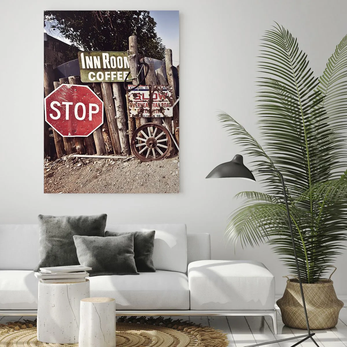 Cuadro sobre vidrio - Impresiones sobre Vidrio - Decoraciones rústicas con letreros y una rueda en la valla. - 80x120cm - Y el tiempo se detuvo - Decoración de pared moderna para salón y dormitorio ARTTOR