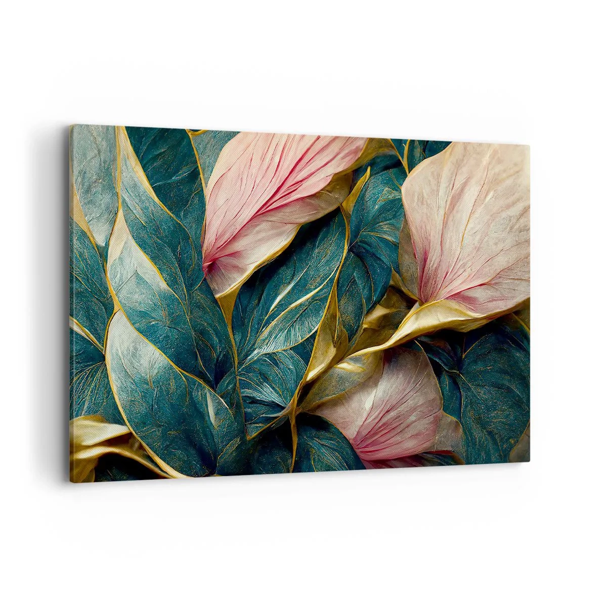 Cuadro sobre lienzo - Impresión de Imagen - Hojas elegantes en verde, dorado y rosa. - 120x80cm - Elegancia y estilo naturales - Decoración de pared moderna para salón y dormitorio ARTTOR